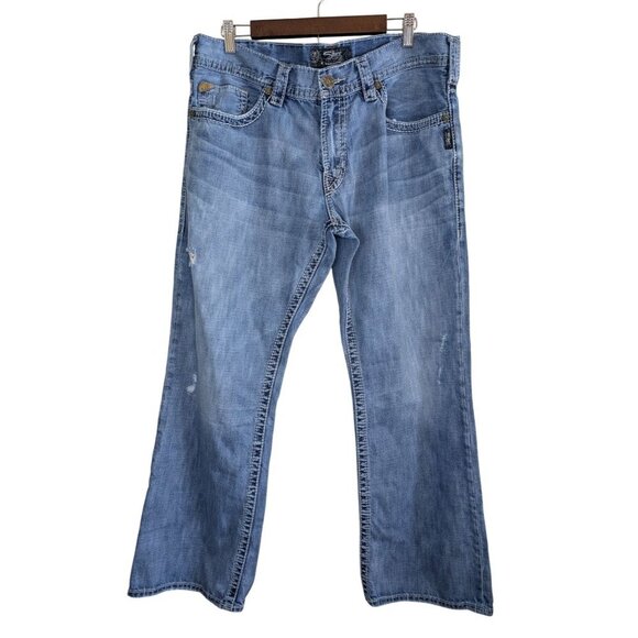 Silver Jeans Zac Mens 38x32 Relaxed Fit Straight Leg Blue Distressed Cotton - Picture 1 of 11
